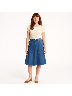 Vintage 70s A-Line Denim Midi Skirt Utility Pockets, Adjustable Waist 26-27” (S)